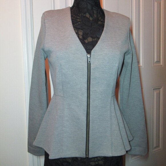 TopShop Peplum V Neck Zip Front Jacket Heather Gray US 10 EUC Long Sleeve Blazer - Picture 1 of 16